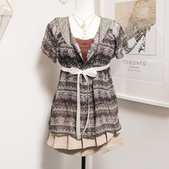 Sheer Floral Short Sleeve Button Front Babydoll Blouse 🧚‍♂️ JAPANESE BRAND - Picture 1 of 11